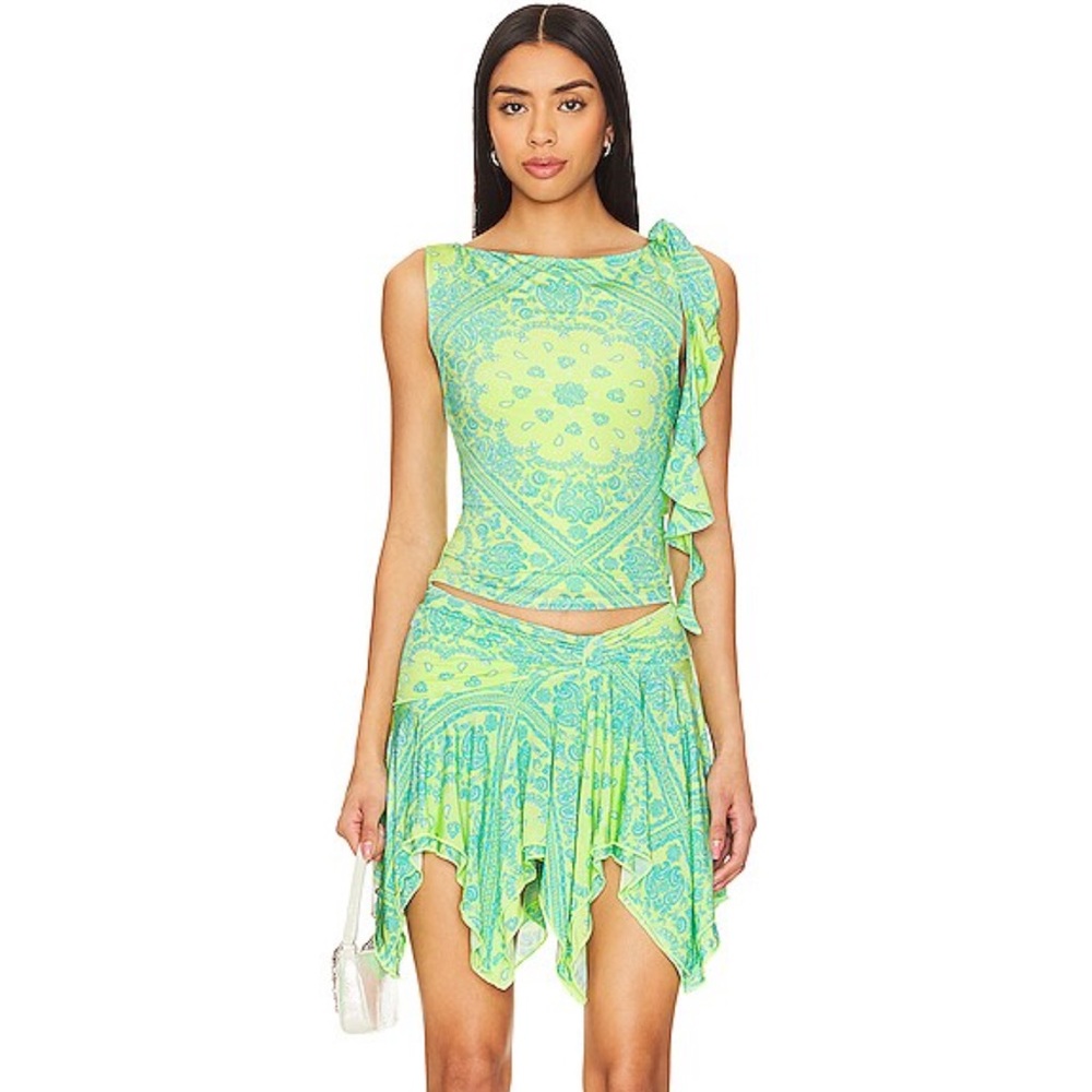 Revolve lovers and friends juna green floral fairy mini skirt & tank set bandana